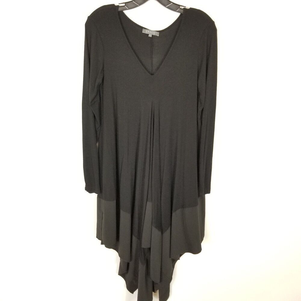 Gracia Women Asymmetrical Hem Tunic Mini Dress Sz L Black Long Sleeve Lagenlook